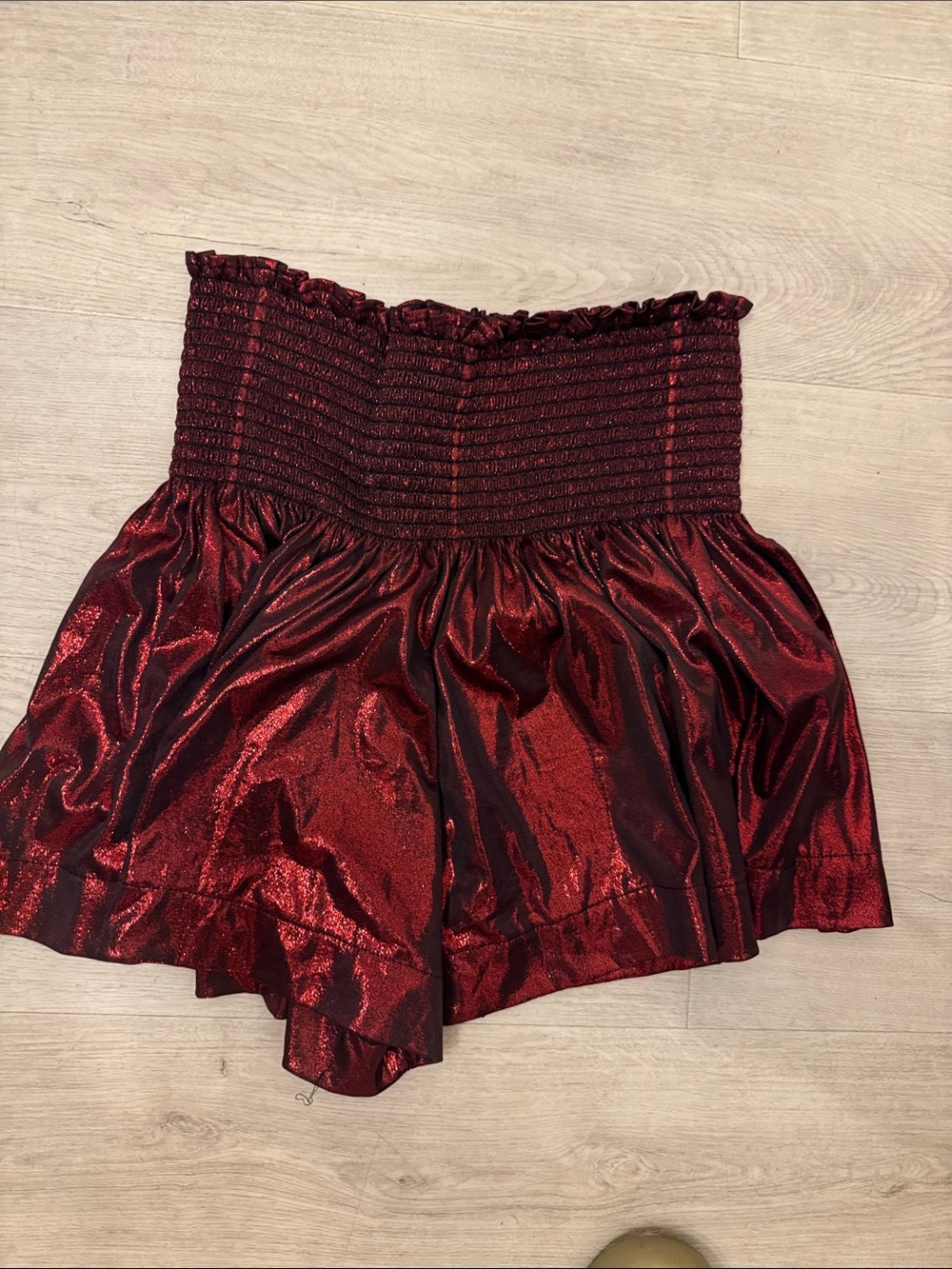 Shimmery Smocked Red Metallic Strapless Mini Skirt Skort